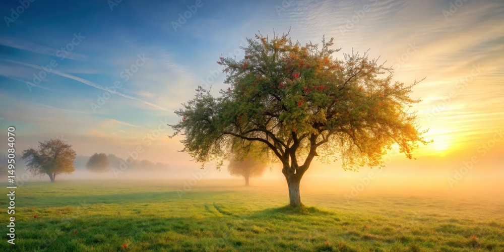 Fototapeta premium A serene apple tree stands alone in a misty orchard at dawn, autumn, forest, autumn, forest
