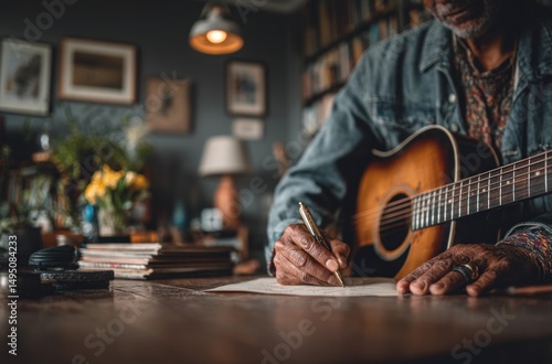 Composer crafting a heartfelt melody, musical inspiration flowing from guitar