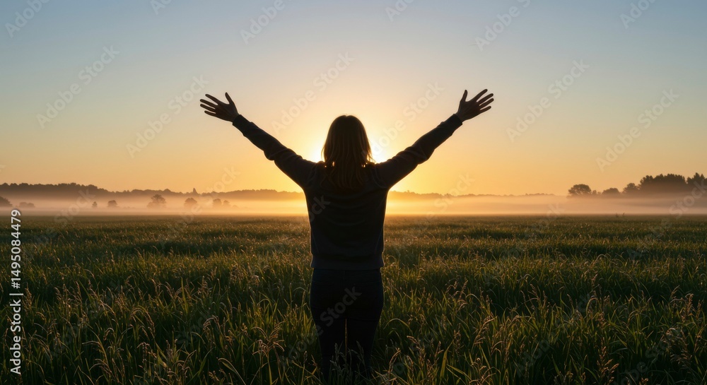 Silhouetted figure with arms outstretched, embracing a misty sunrise over a verdant field Silhouetted figure with arms outstretched, embracing a misty sunrise over a verdant field
