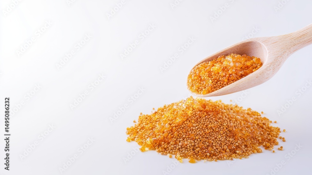 A wooden spoon pours a small pile of golden brown sugar crystals onto a white surface with a soft focus and ample copy space to the left of the granules. A wooden spoon pours a small pile of golden brown sugar crystals onto a white surface with a soft focus and ample copy space to the left of the granules.
