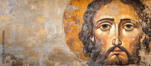 Ancient Christ fresco, church wall, religious art, faith
