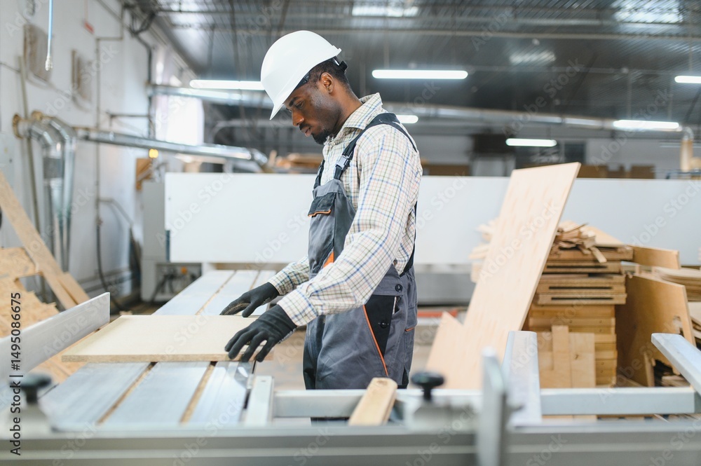 African american Carpenter working with wood panel on cnc machine in furniture factory African american Carpenter working with wood panel on cnc machine in furniture factory