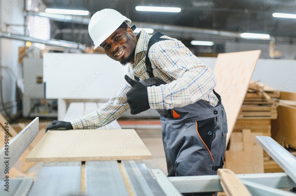 African american Carpenter gesturing thumbs up while working with wood panel in furniture factory African american Carpenter gesturing thumbs up while working with wood panel in furniture factory
