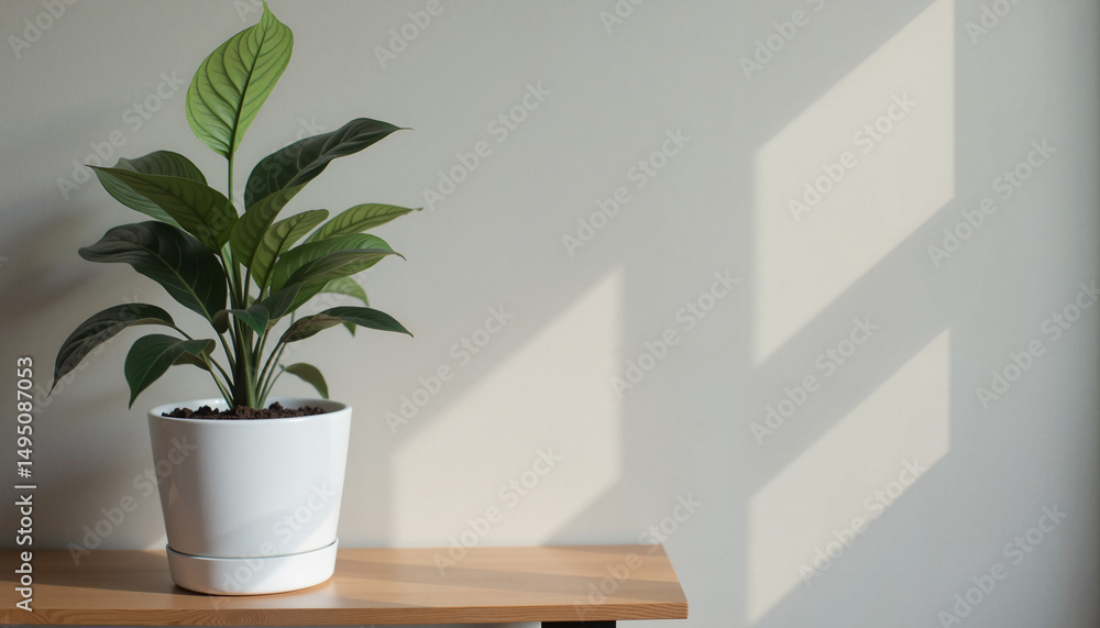 Fototapeta premium A single stem with multiple house plant green leaves growing out of a ceramic pot on a wooden shelf, in front of a neutral wall, with copy space.