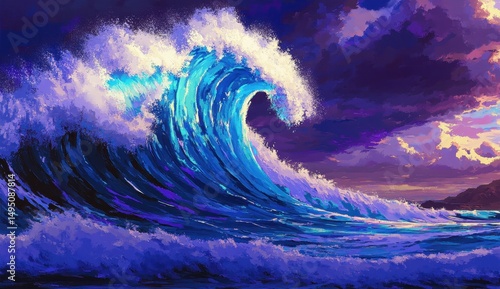 Epic vibrant teal wave crashing, dramatic sunset sky