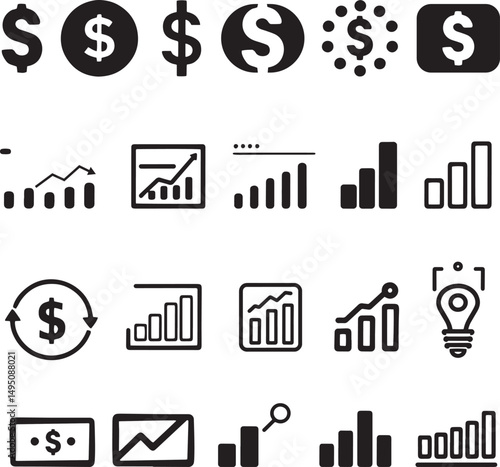 Business and Finance Analysis Icon Set - Black Symbols on White Background