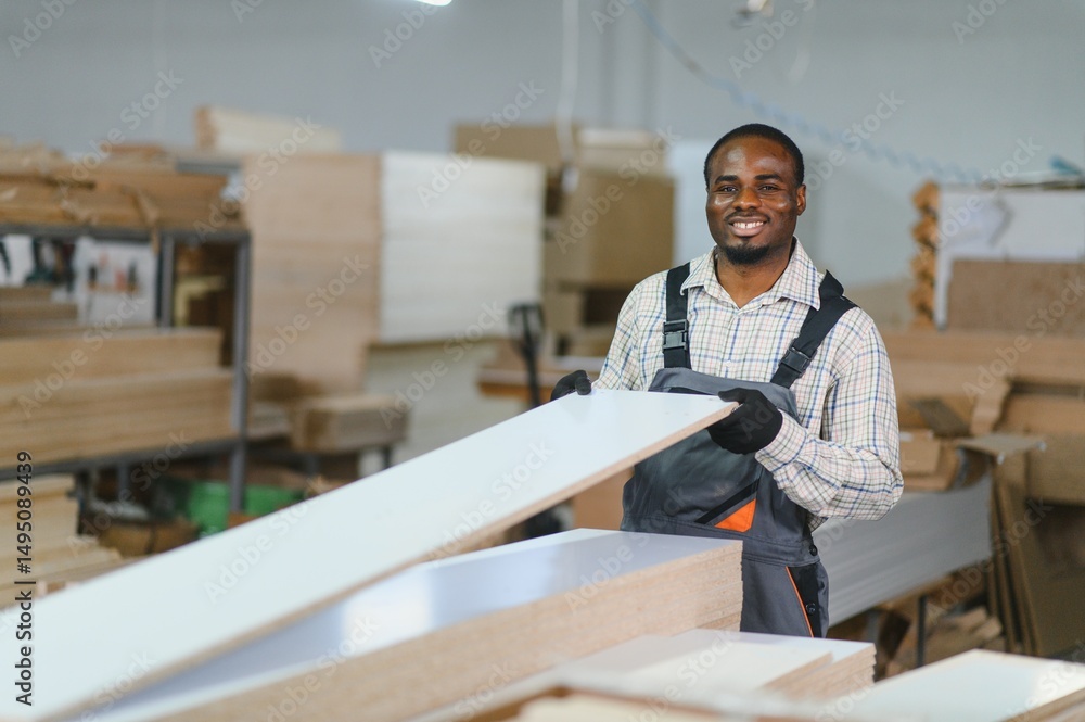Furniture maker handling wooden panels in factory Furniture maker handling wooden panels in factory