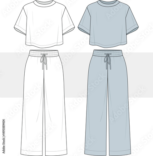 Oversize relax fit cotton crop top t shirt and wide leg sweatpants suit drawing. Home wear, Loungewear Fashion design illustration, Vector, CAD, Technical Drawing, Flat Sketch, Template, Mockup.