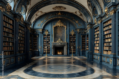 Luxurious library featuring tall, dark blue bookshelves with ornate golden accents and a marble floor