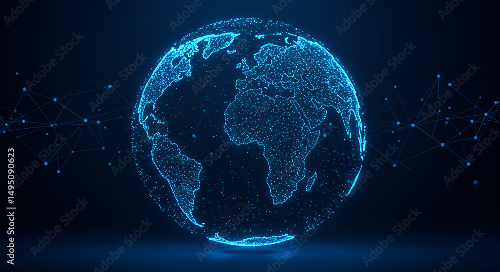 Naklejka premium Global network sphere with glowing points in a dark background. World map rendered as connected points, displaying global connectivity.