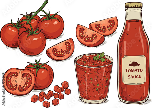 Tomato fresh ripe vegetables slices sauce bottle and glass illustration vector art 