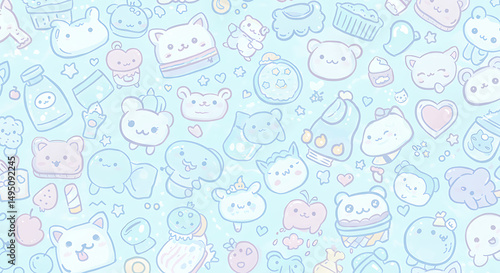 Adorable Pastel Kawaii Animals and Objects Seamless Pattern Background