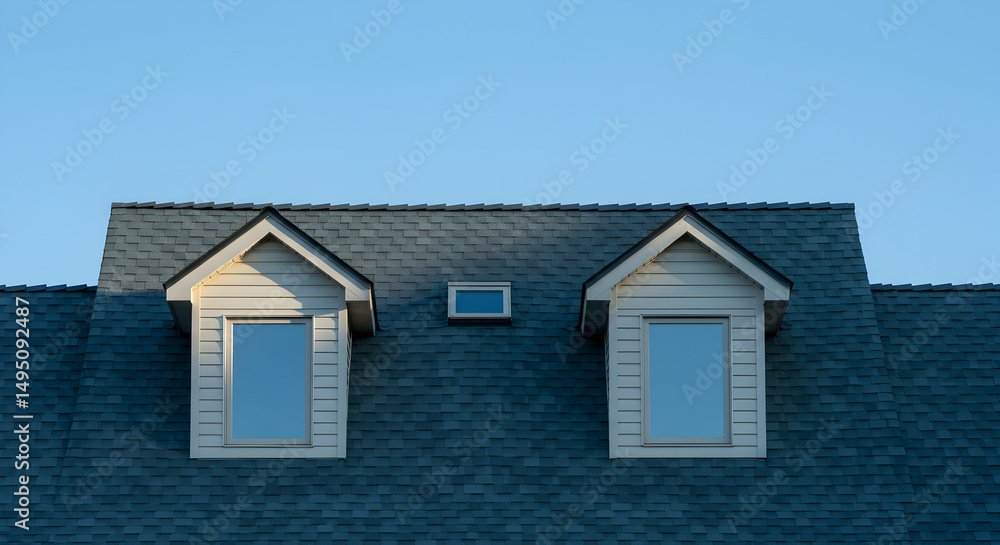 Modern Home Roof with Windows Against Clear Blue Sky Modern Home Roof with Windows Against Clear Blue Sky