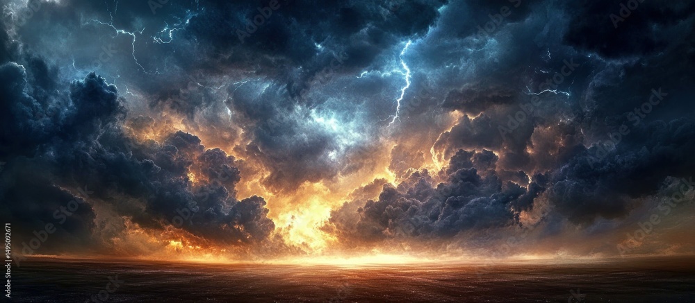 Fototapeta premium Spectacular cinematic sky panorama with dramatic clouds and distant lightning flashes