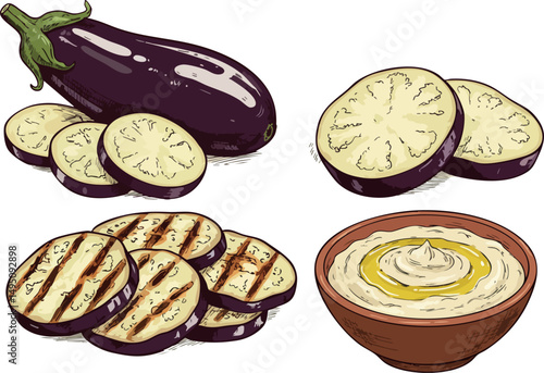 Eggplant fresh and grilled slices with creamy dip vector illustration 