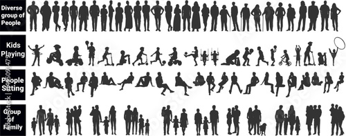 silhouettes of architecture drawing people. Architectural drawing of diverse people, kids playing, people sitting and group of family in row section elevation view. characters in architectural