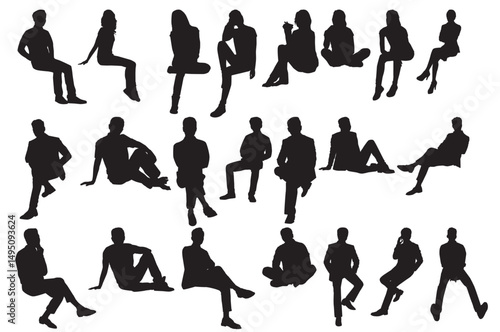 People Sitting silhouette set. Silhouette of people sitting on couch, chair, ground and benched.  