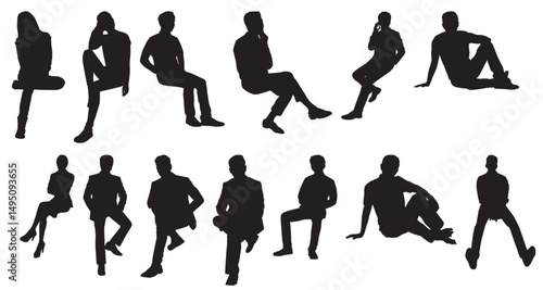 silhouette of sitting people men and women. people sitting on a chair, bench and floor. People, profile in black color isolated on transparent background.