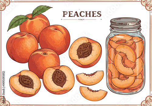 Peaches with jar of preserved peach slices vintage style vector illustration 