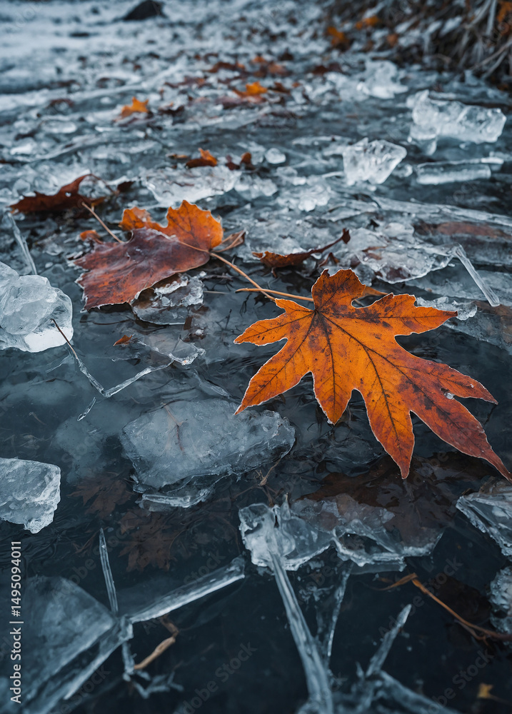 Frozen Autumn Leaves Encased Beneath a Clear Ice Sheet Frozen Autumn Leaves Encased Beneath a Clear Ice Sheet