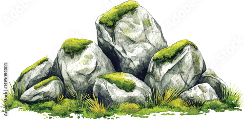 Nature Rock Pile with Green Grass Watercolor