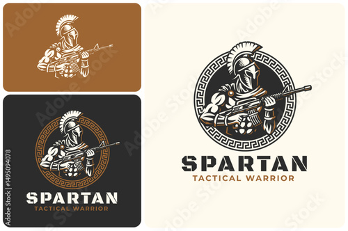 Spartan Warrior Military Vector Logo – Sparta Fighter Helmet with Modern Soldier & Rifle in Circular Greek Key Badge Design
