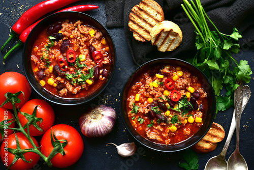 Chili con carne - traditional mexican minced meat and vegetables stew in tomato sauce. Top view with copy space.