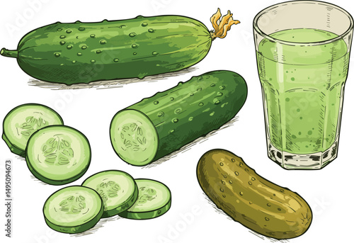 Cucumber slices whole pickled cucumber and green cucumber juice illustration vector 