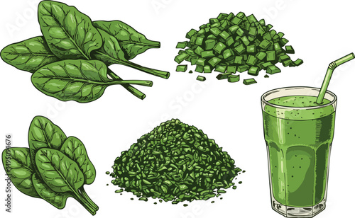 Spinach leaves chopped spinach powder and green spinach smoothie vector illustration 