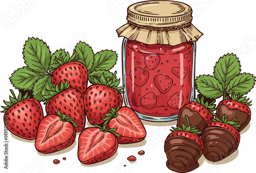 Strawberry jam jar with fresh strawberries and chocolate dipped strawberries vector illustration 