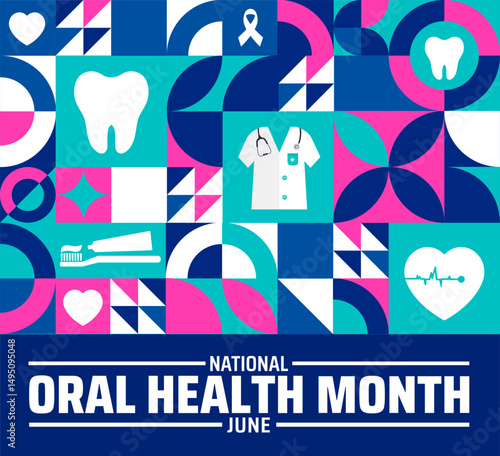 National Oral Health Month Geometric shape pattern background banner or poster design template. observed every year in June. Holiday concept. Use to any Template, card, poster, placard, template.