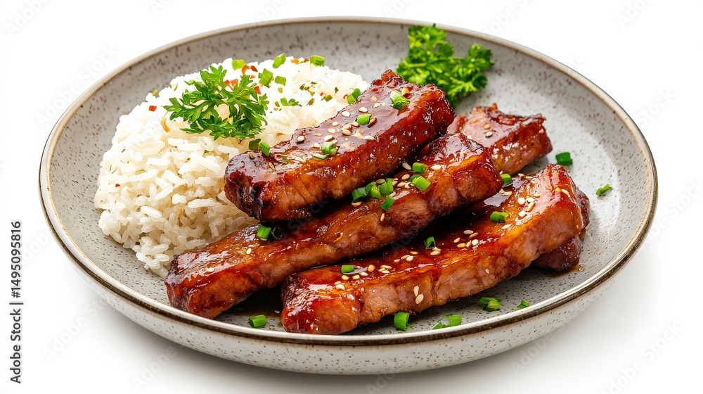 Glazed pork ribs topped with sesame seeds are artistically presented on a round plate alongside fluffy rice and fresh parsley, ready to be enjoyed as a meal. Glazed pork ribs topped with sesame seeds are artistically presented on a round plate alongside fluffy rice and fresh parsley, ready to be enjoyed as a meal.