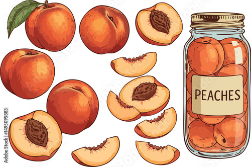 Fresh whole and sliced peaches with jar of preserved peaches illustration vector 