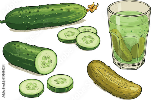 Fresh cucumber slices whole and pickled cucumber with glass of pickle juice vector illustration 