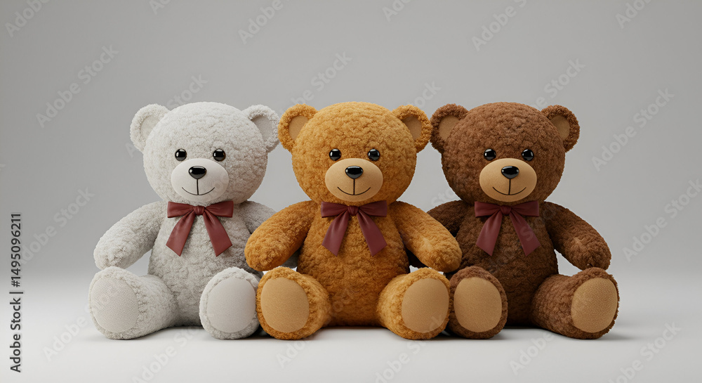 Three teddy bears in neutral tones of light gray, golden brown, and dark brown, sitting in a row against a plain light gray background. Three teddy bears in neutral tones of light gray, golden brown, and dark brown, sitting in a row against a plain light gray background.