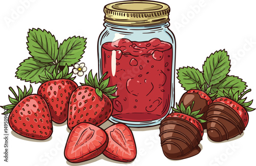 Strawberry jam jar with fresh strawberries and chocolate dipped strawberries vector illustration 