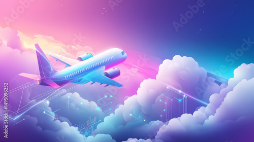 Isometric vector image of a plane soaring through clouds, symbolizing travel services such as booking platforms and air transportation promotions