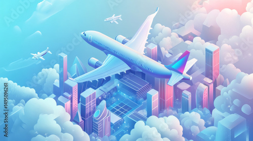 Isometric vector image of a plane soaring through clouds, symbolizing travel services such as booking platforms and air transportation promotions