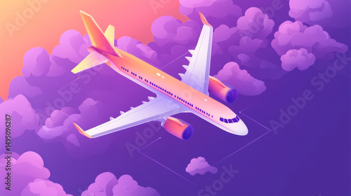 Isometric vector image of a plane soaring through clouds, symbolizing travel services such as booking platforms and air transportation promotions