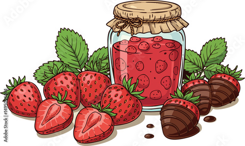 Strawberry jam jar with fresh strawberries and chocolate dipped fruits vector illustration
