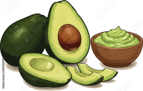 Fresh green avocado fruit with slices and guacamole in bowl vector illustration 