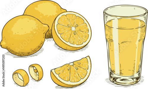 Lemon fruit slices with glass of fresh lemonade vector illustration in yellow color 