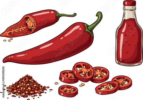 Red chili pepper with sliced pieces and hot sauce bottle vector illustration 