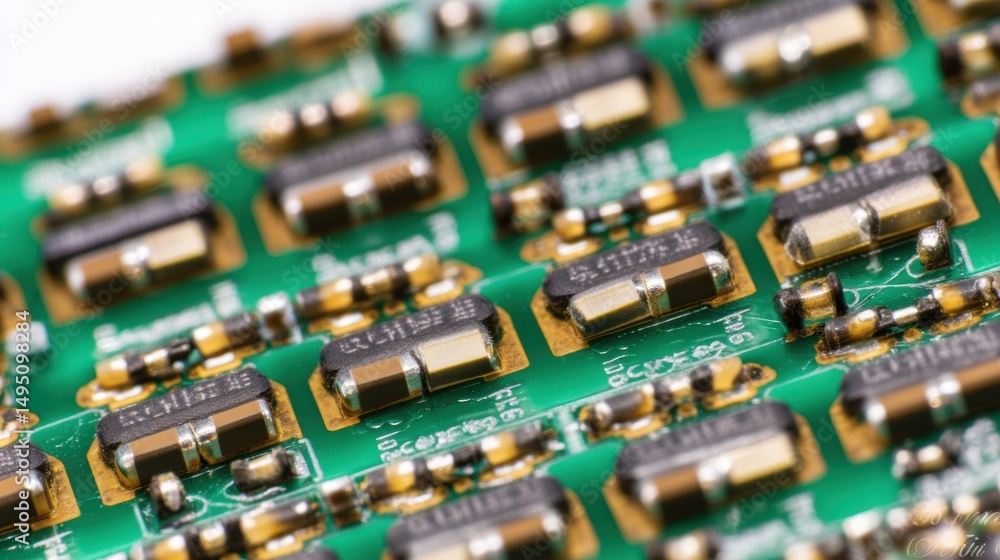 Obraz premium An extreme close-up of a sensor interface board, medium green PCB, jam-packed with small integrated circuits, diode arrays, passive components, and many delicate soldered connections, viewed slightly 