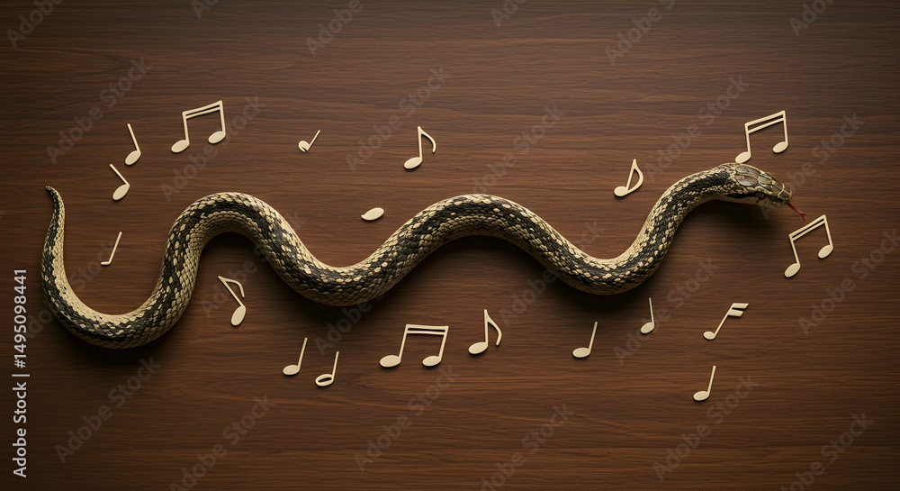 Obraz premium Snake on Wooden Surface Surrounded by Musical Notes and Symbols