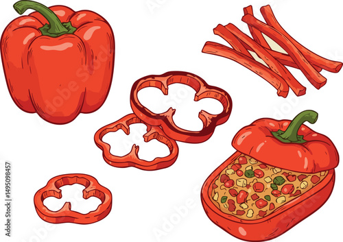 Red bell pepper whole sliced and stuffed with pizza ingredients vector illustration 