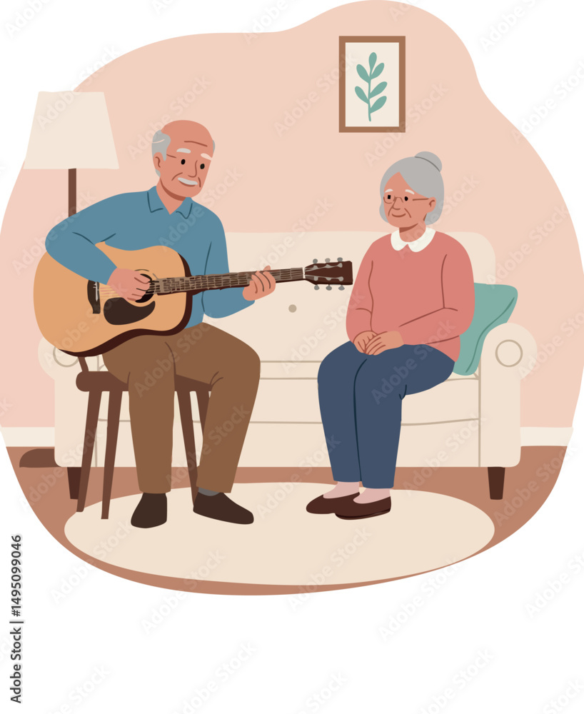 Fototapeta premium Elderly couple enjoying music with guitar in cozy living room interior vector illustration 