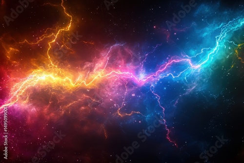 Abstract space background with lightning, stars, and colorful nebula clouds. Perfect for technology, science, energy, or fantasy-themed design projects.