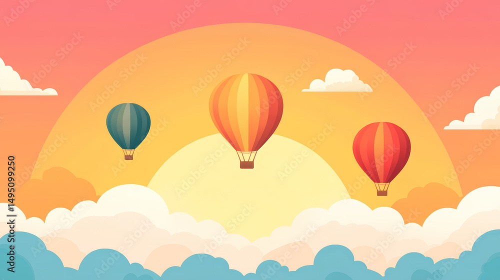 Fototapeta premium Sunset scene with colorful hot air balloons in the sky, ideal for billboard or banner use in travel agency advertising