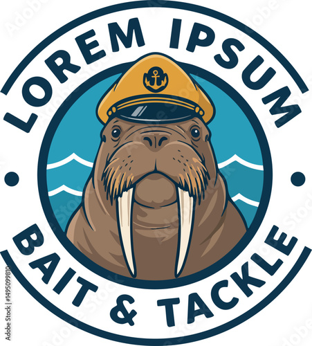 Walrus wearing captain hat fishing bait and tackle vector logo design illustration 